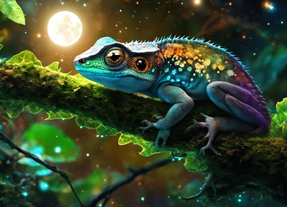 Chibi Lizard Constellation in Bioluminescent Tropical Garden