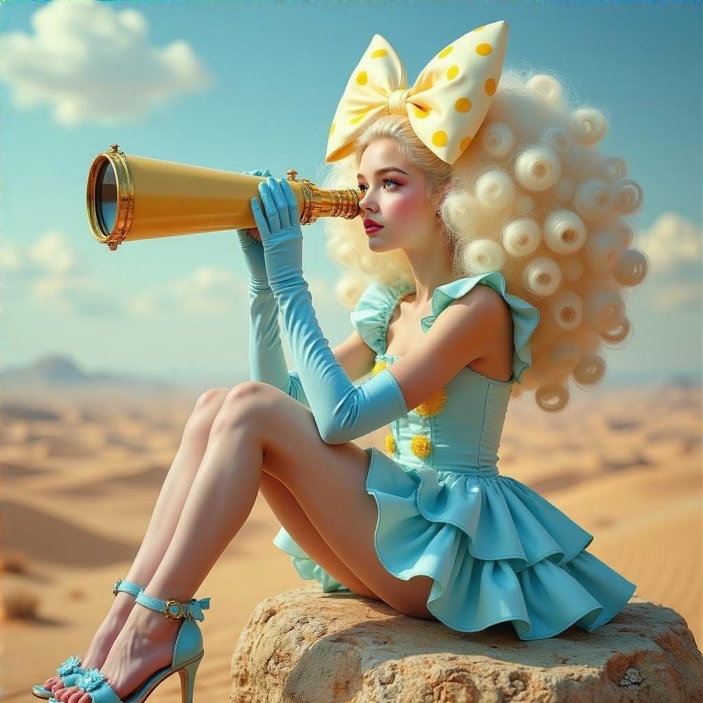 Ethereal Desert Dreamer with Golden Telescope and Pastel Bea...
