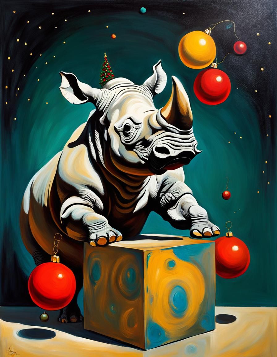 Rhino Juggler on Metaphysical Cube, Salvador Dali Style