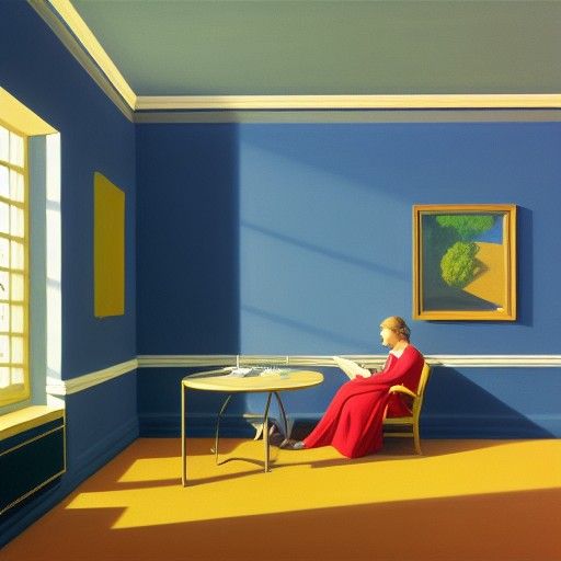 Popular people, oil painting by Edward Hopper, David Hockney, Annie Liebowitz, room by Patrick Caulfield