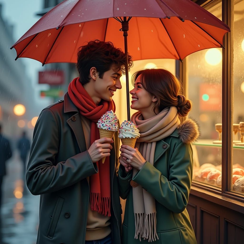 Romantic Gelato Moment Under a Vintage Umbrella on a Rainy W...