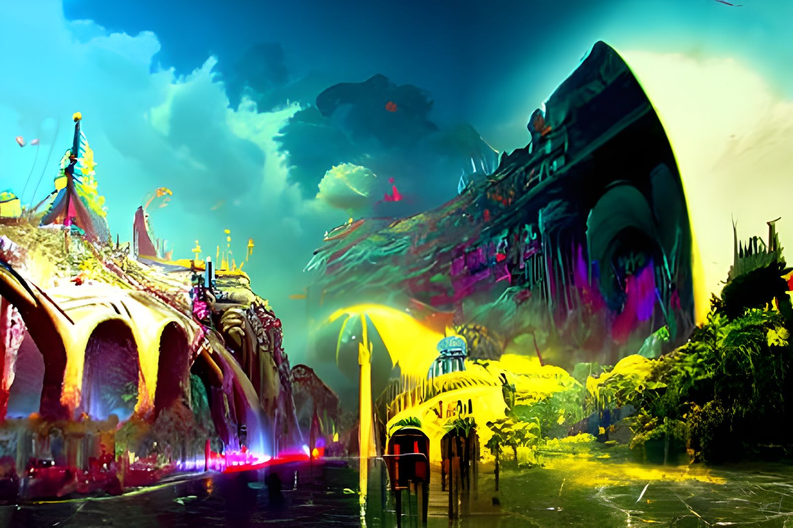 Colorful Twilight Amusement Park in Kinetic Pointillism Styl...