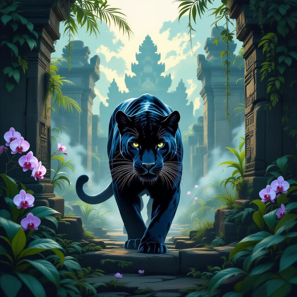 Black Panther in Ancient Temple Ruins