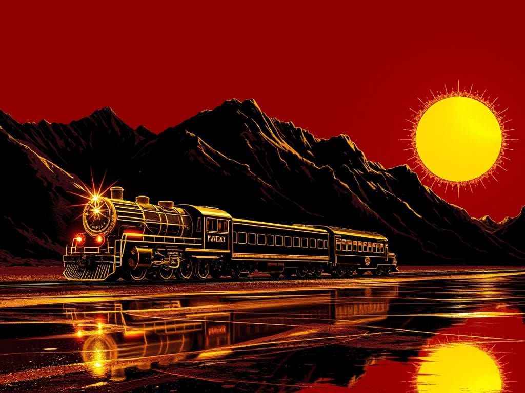 Golden Fantazy Train on Reflective Beach in Chiaroscuro Styl...