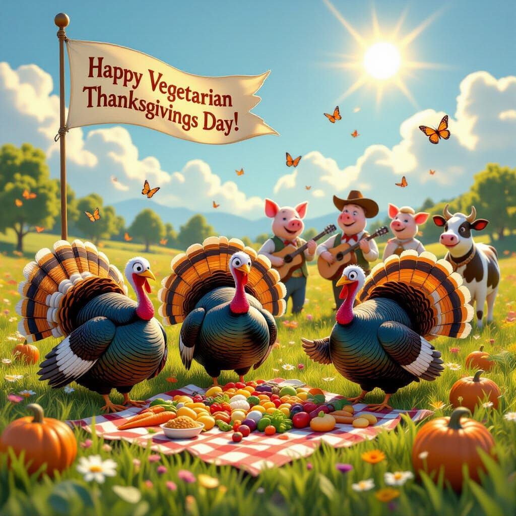 Liberated Turkeys Celebrate Vegetarian Feast in Whimsical Me...