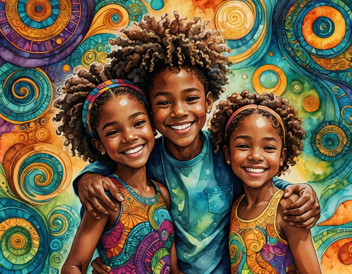 Siblings Portrait in Watercolor with Abstract Details