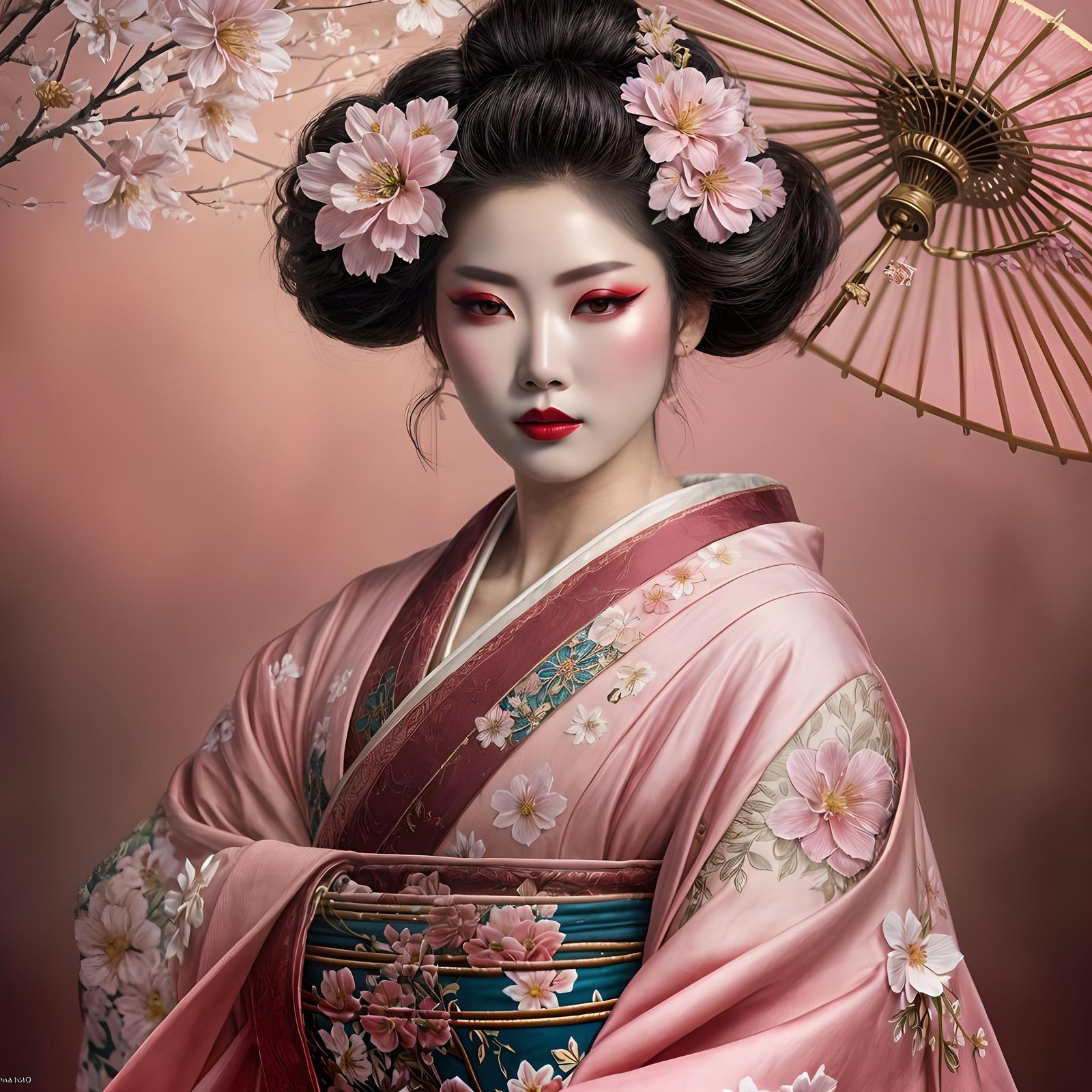 Geisha in Sakura Garden, Art Nouveau Style