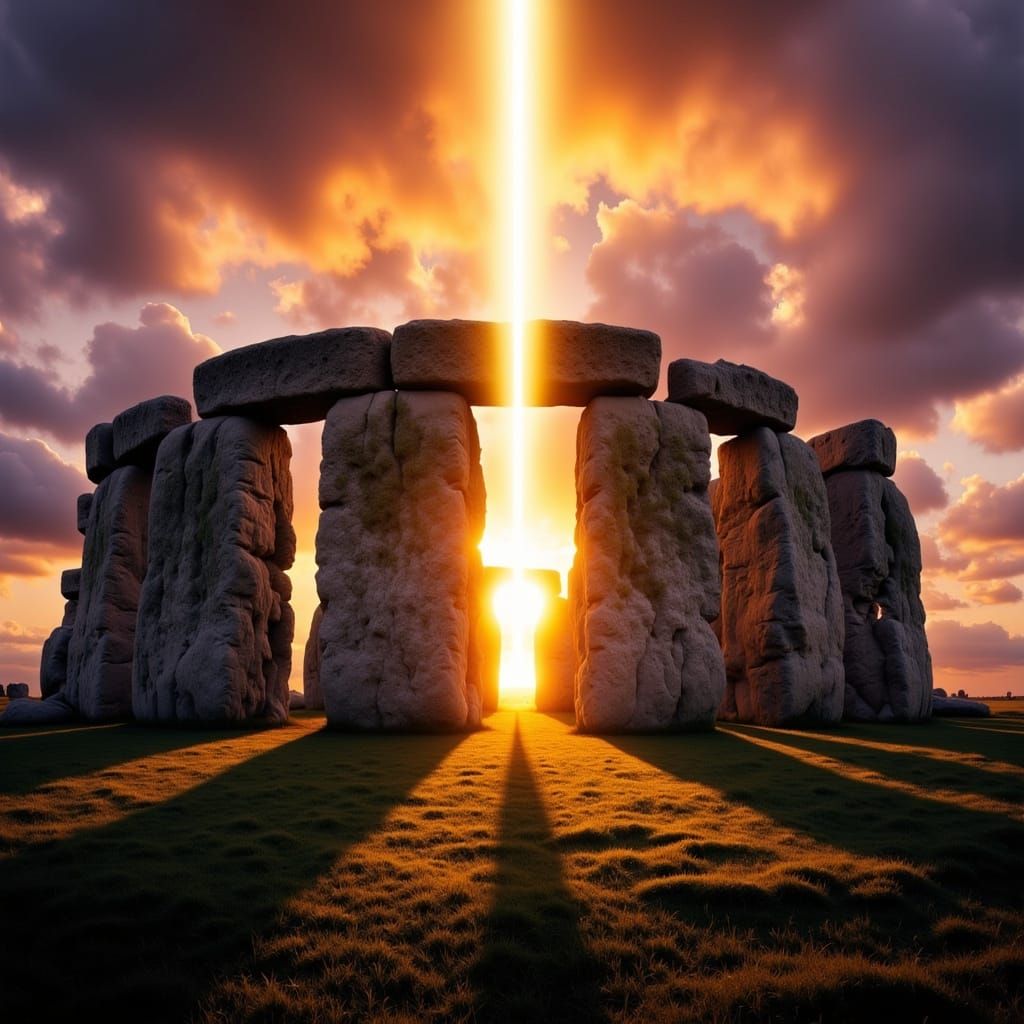 Stonehenge at Sunset with Golden Light Beam