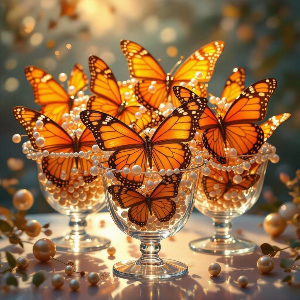 Orange Butterflies With Gold Pearls In Glass Cups