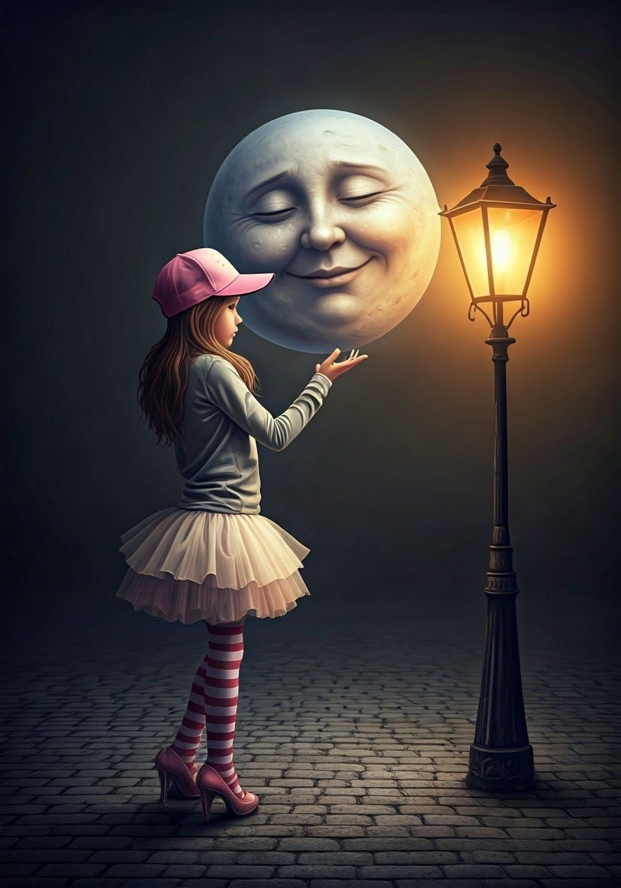 Whimsical Scene of Young Girl and Smiling Moon in a Dreamlik...