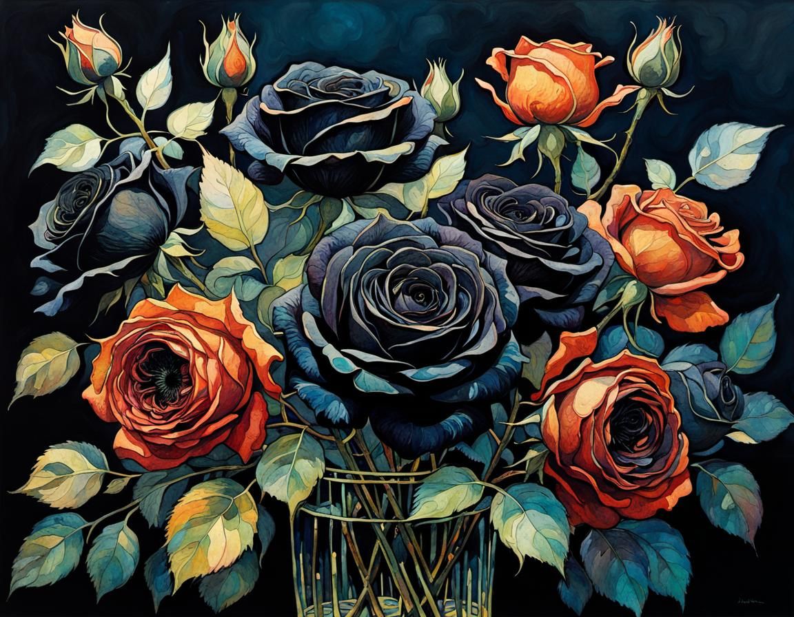 Black Roses Bouquet Portrait in Alcohol Ink Style
