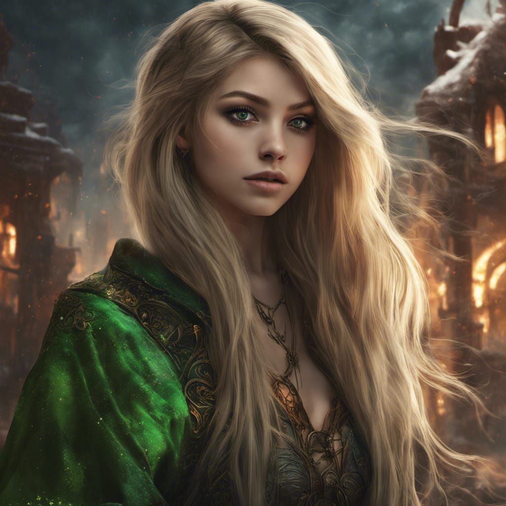 Blonde Green-Eyed Mage in Detailed Fantasy Art