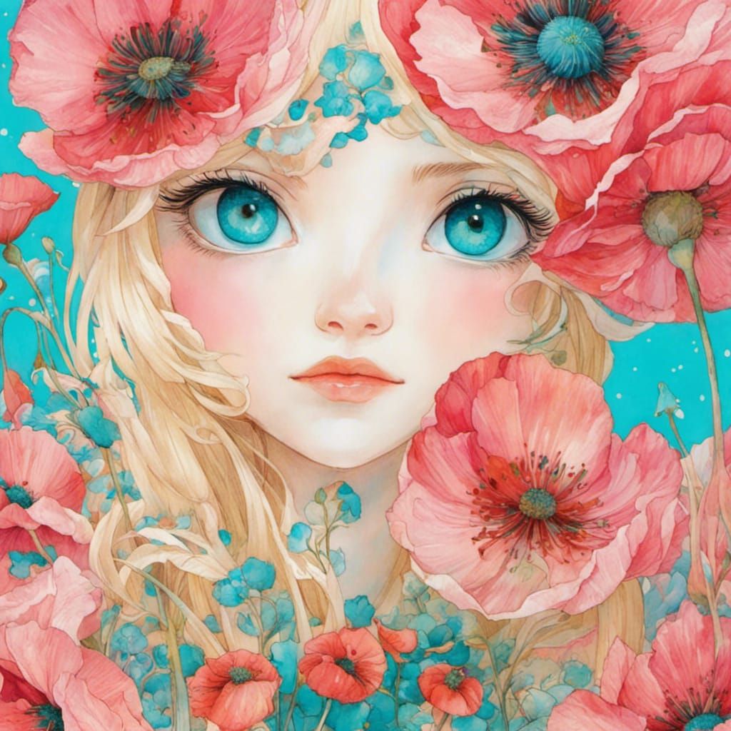 Fairytale Princess in Poppy Field Watercolor Art