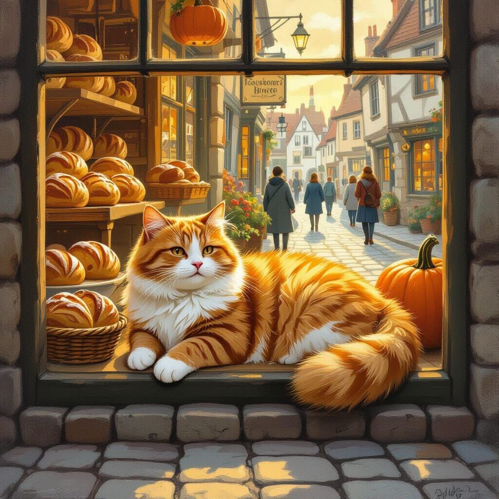 Orange Cat in Bakery Window, Beatrix Potter Style