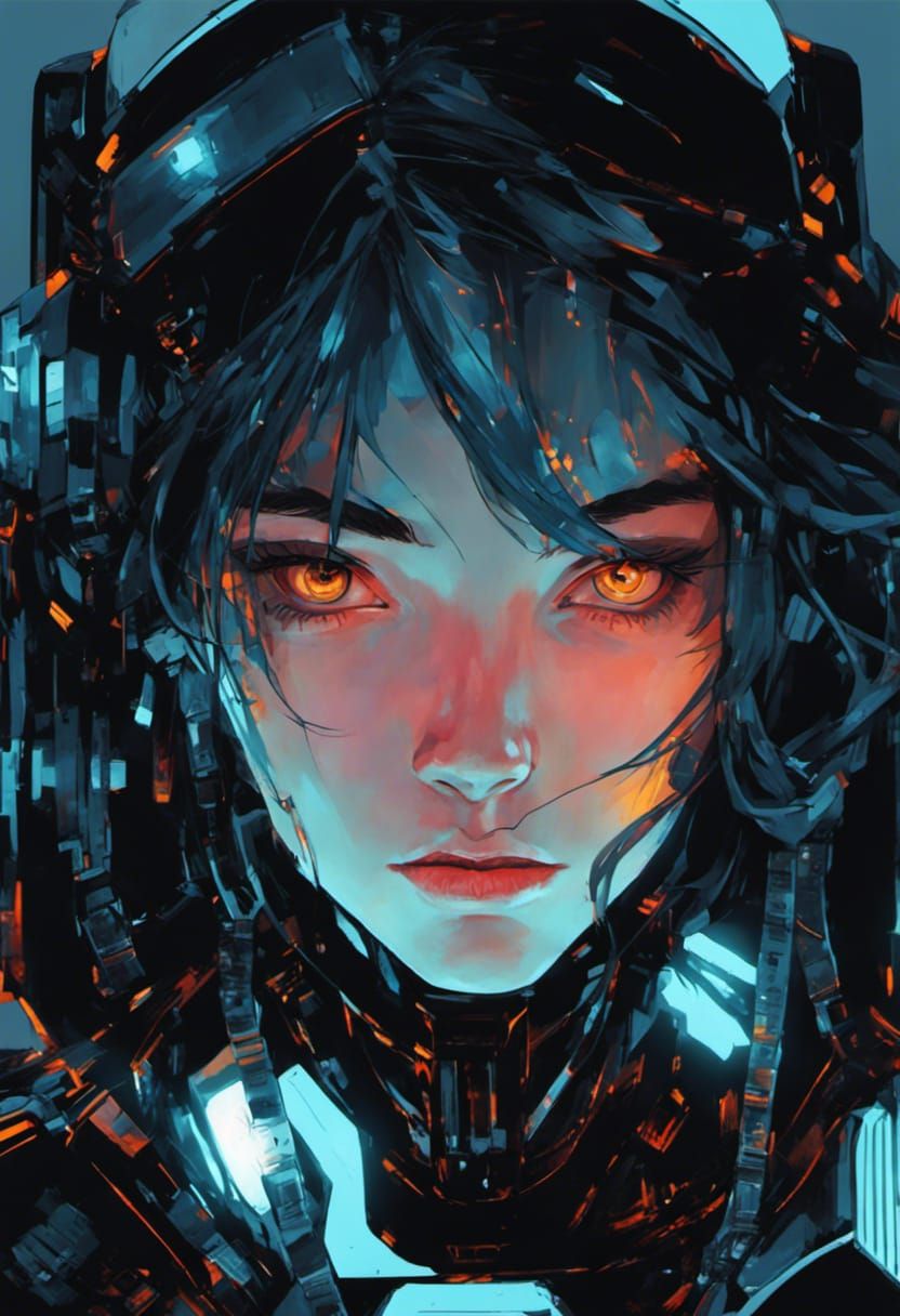 Anime Cyborg Woman Portrait in Digital Illustration Style