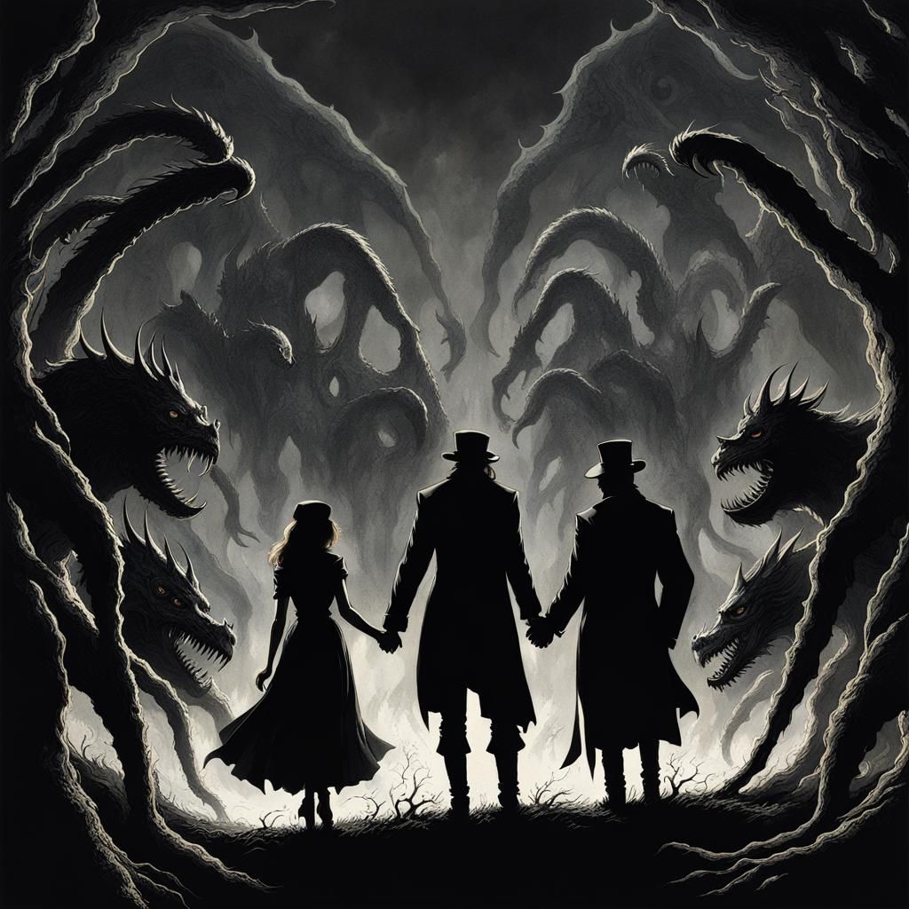 Couple Surrounded by Monsters in Horror Illustration