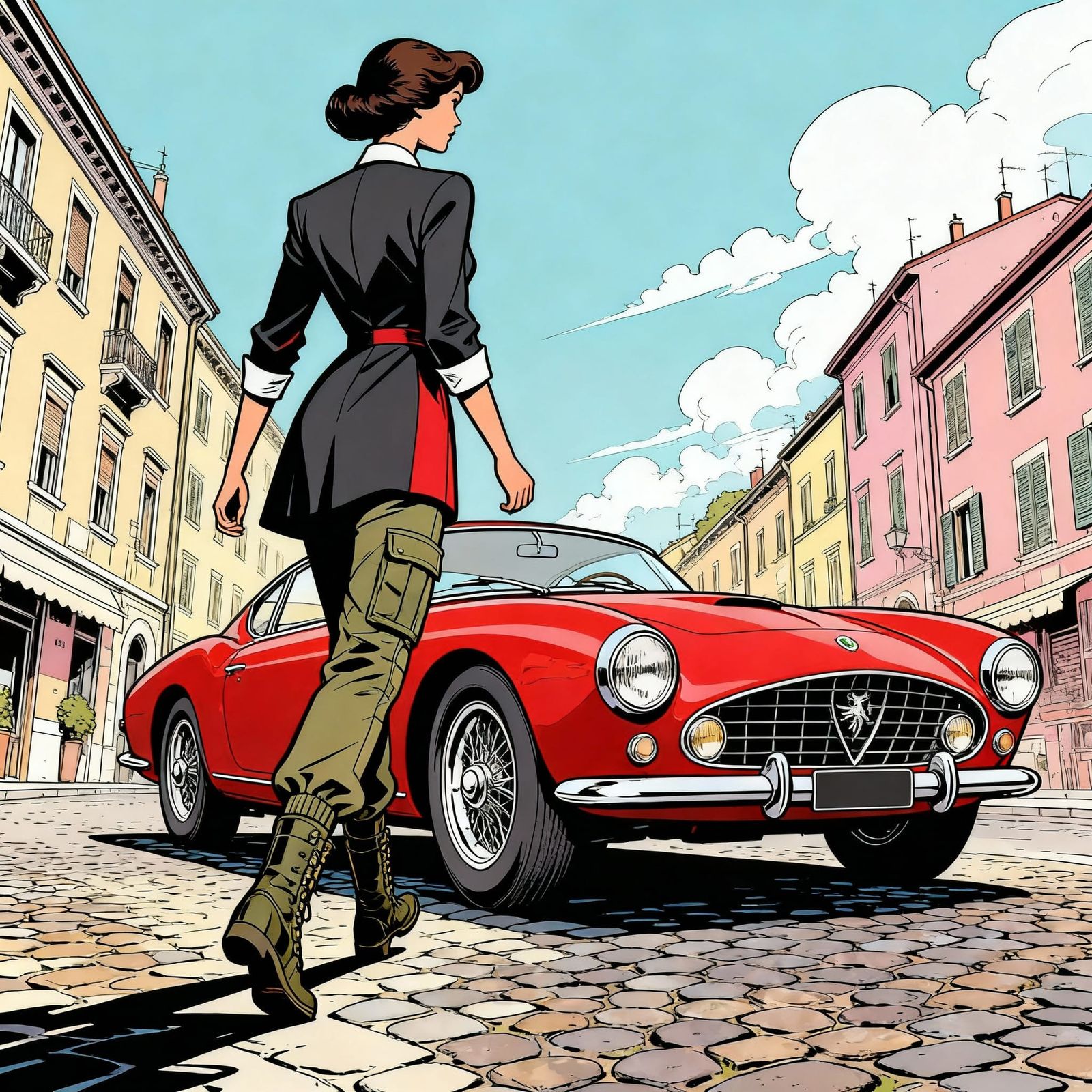 Chic Operative in 60s Fashion with Vintage Car