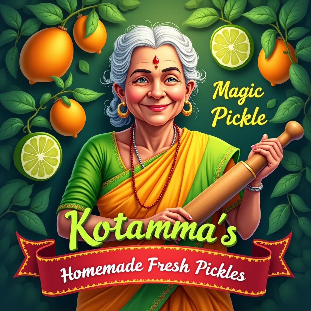 Kotamma's Magic Pickle Logo with Cheerful Grandma