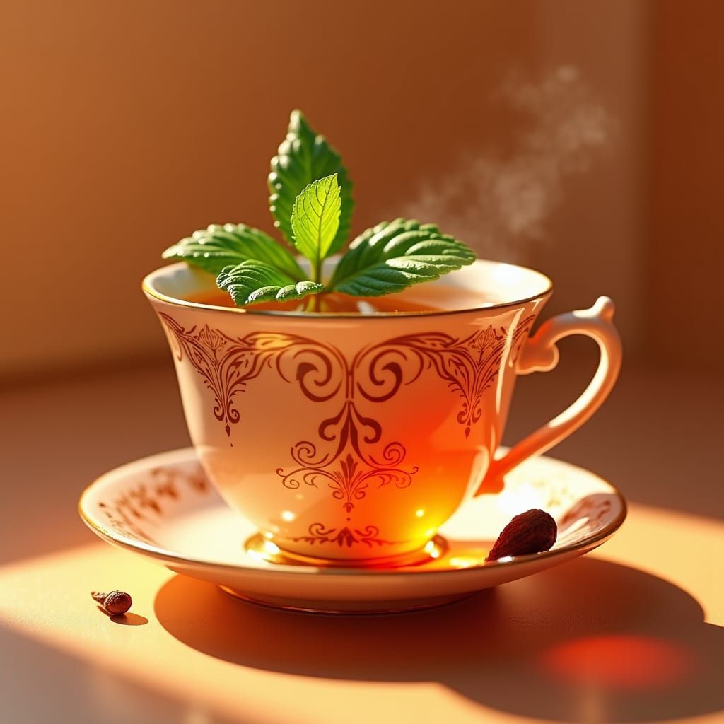 Ornate Teacup with Orange Tea, Matte Painting