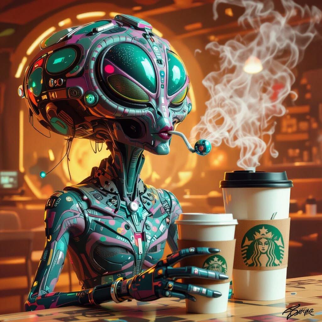 Alien Sips Coffee in Futuristic Cosmic Cafe