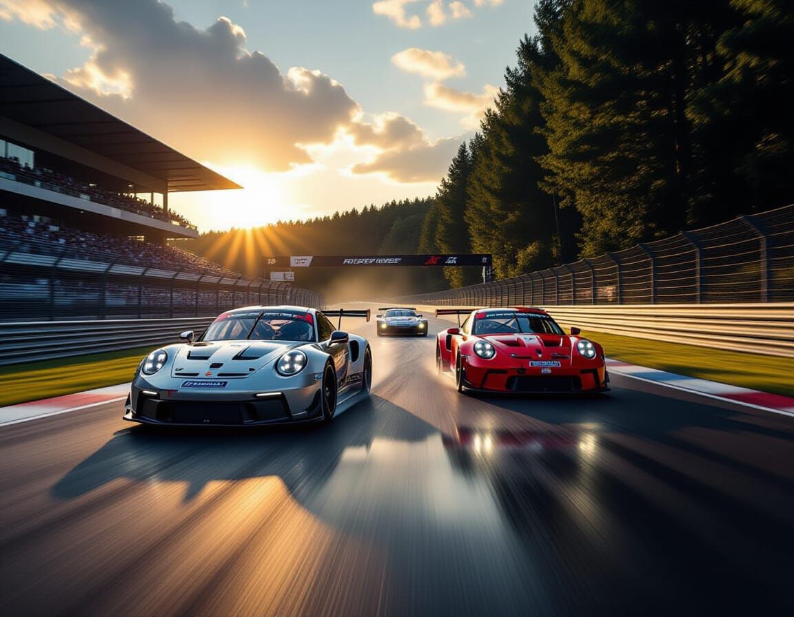 Porsche GT3 RS Race Cars Speed on Wet Le Mans Straight