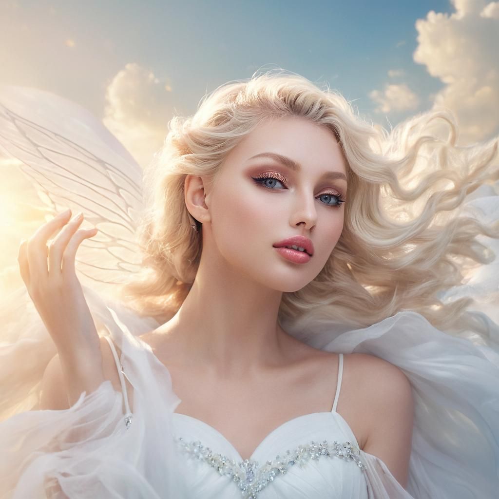 Blonde Fairy in Clouds: Hyperrealistic Soft Focus Portrait