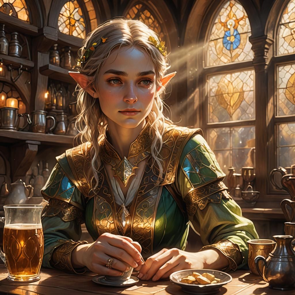 Fantasy Elf Sleeps in Tavern with Divine Light