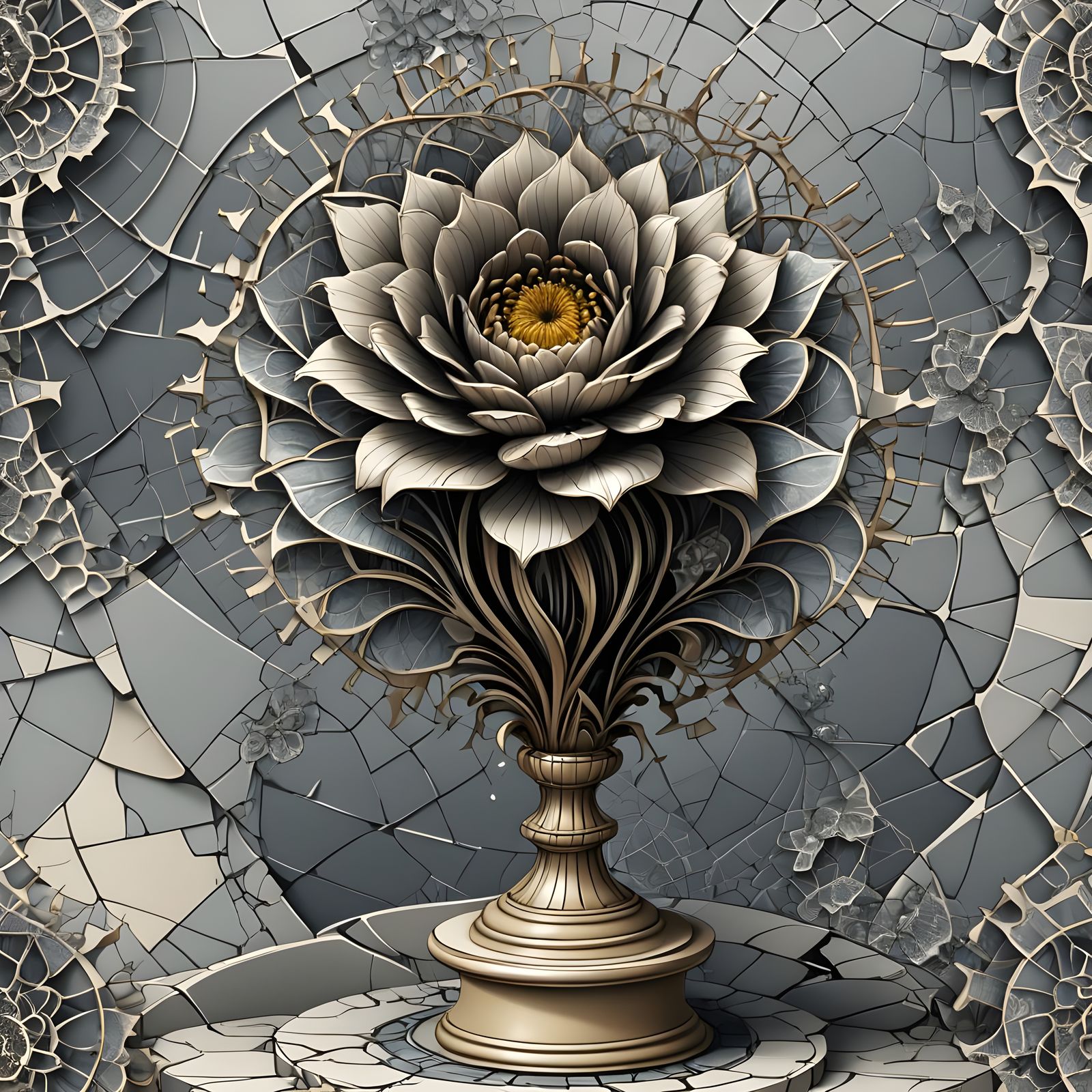 Cracked Trophy with Flower: Abstract Vector Art