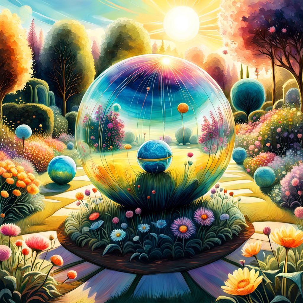 Whimsical Hopping Ball in Dreamlike Garden