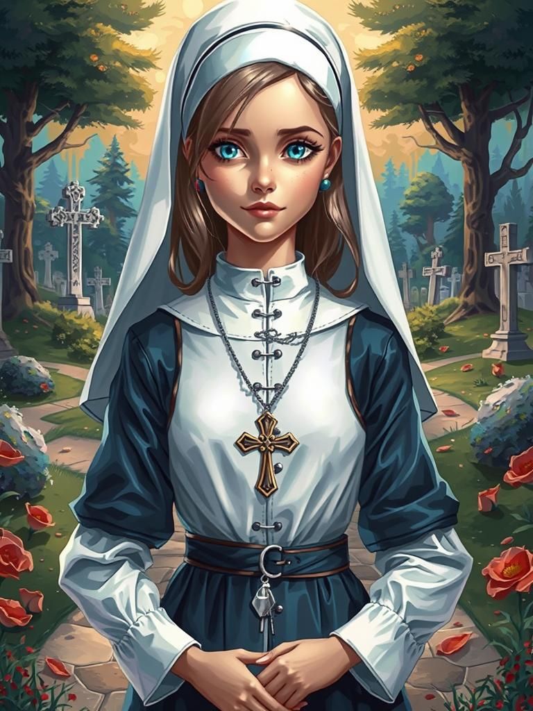 Nun in Cemetery: Anime-Inspired Digital Art
