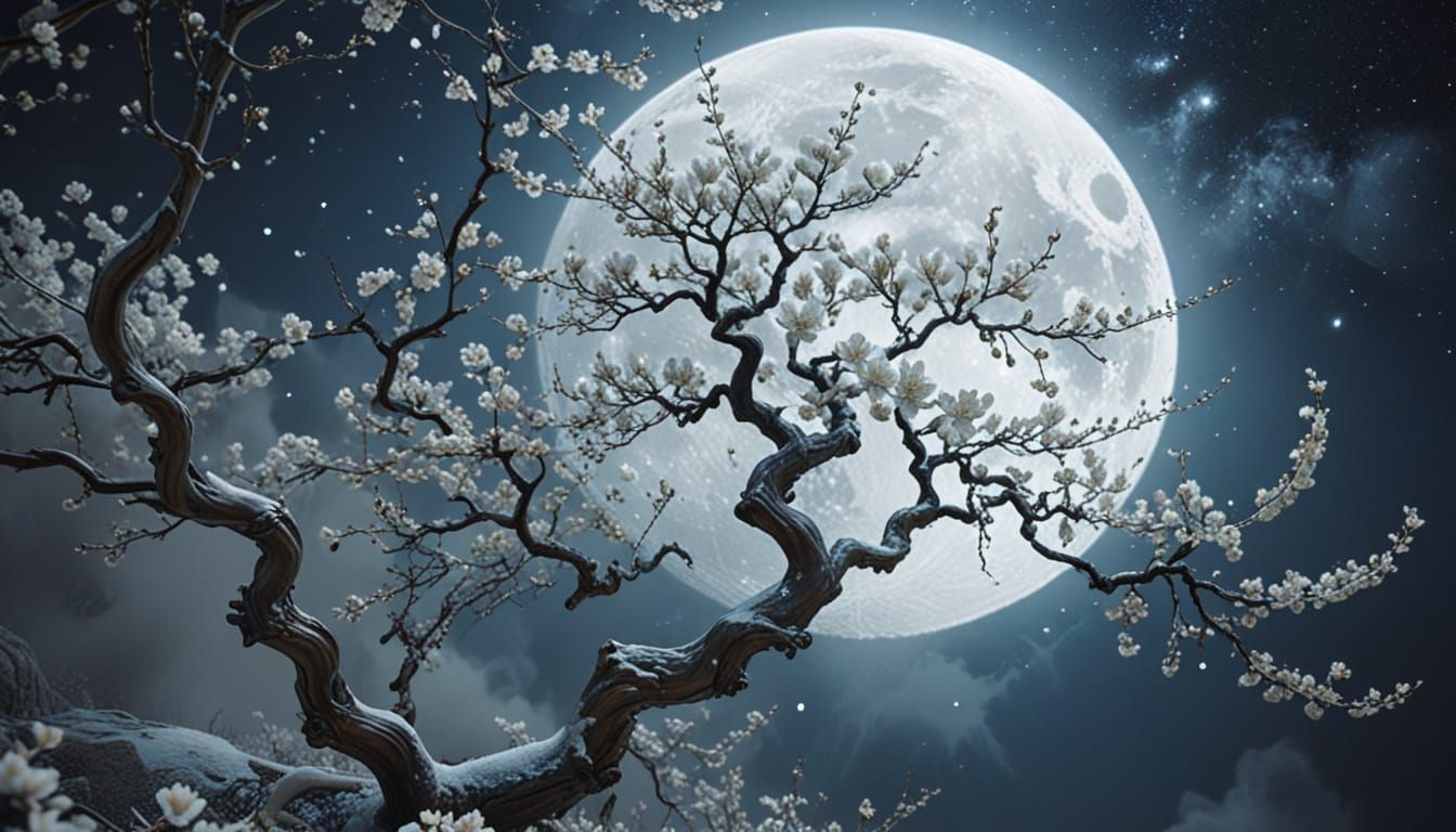 Surreal Moon and Cherry Tree in Dali Style
