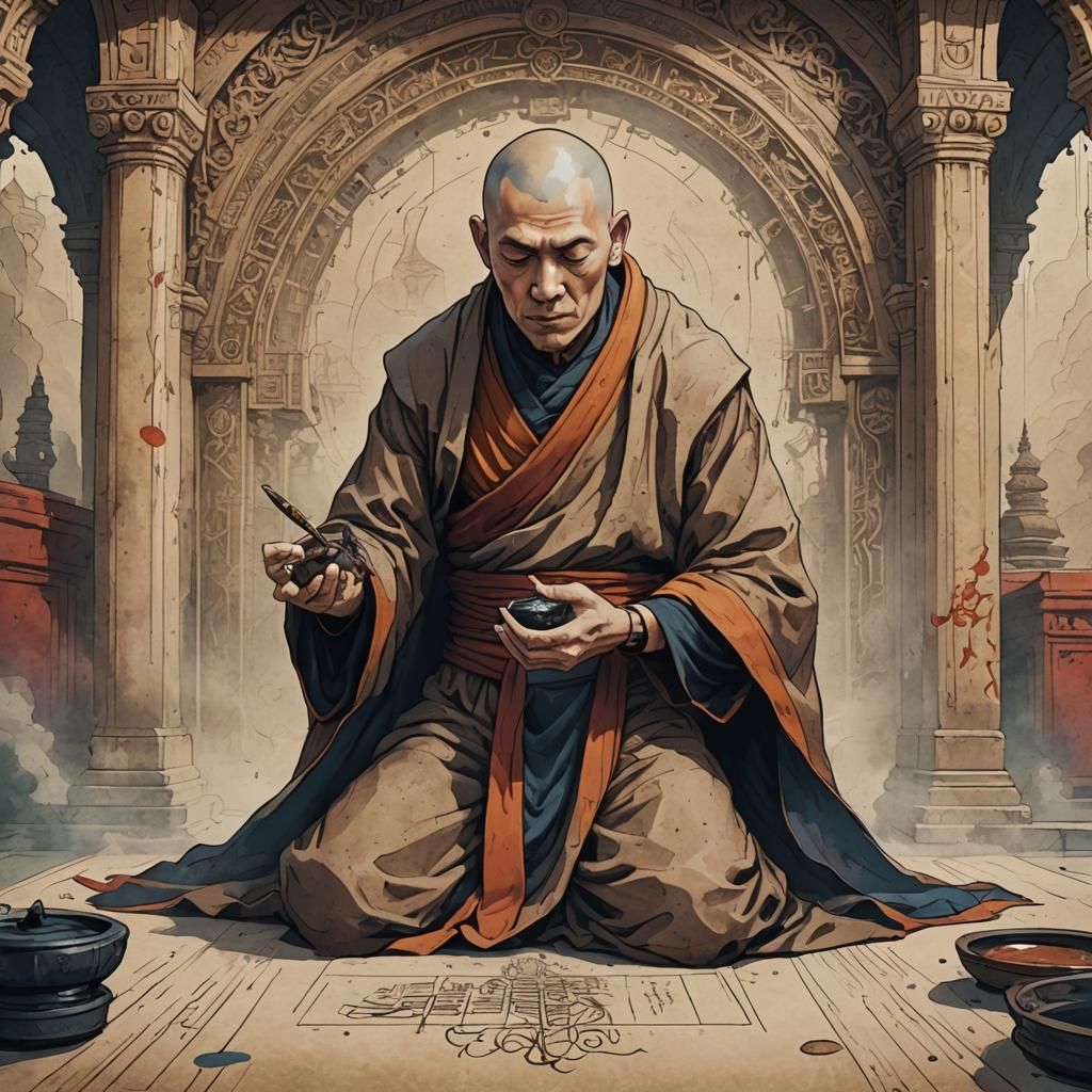 Monk in Old Temple Ink Illustration
