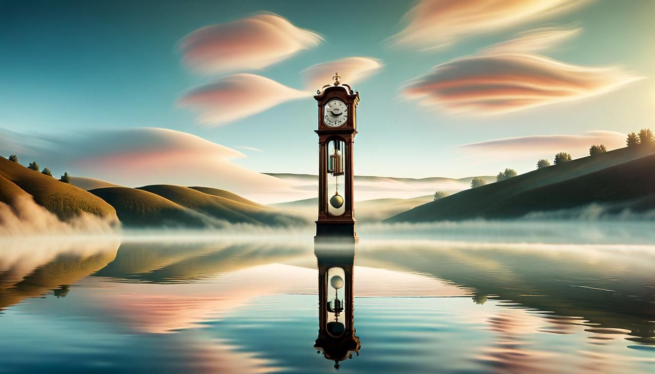 Surreal Clock on a Lake in Dreamlike Style