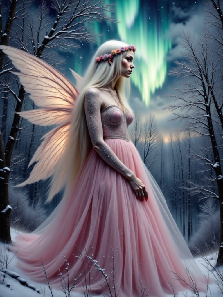 Winter Fairy with Pink Silver Wings Under Northern Lights