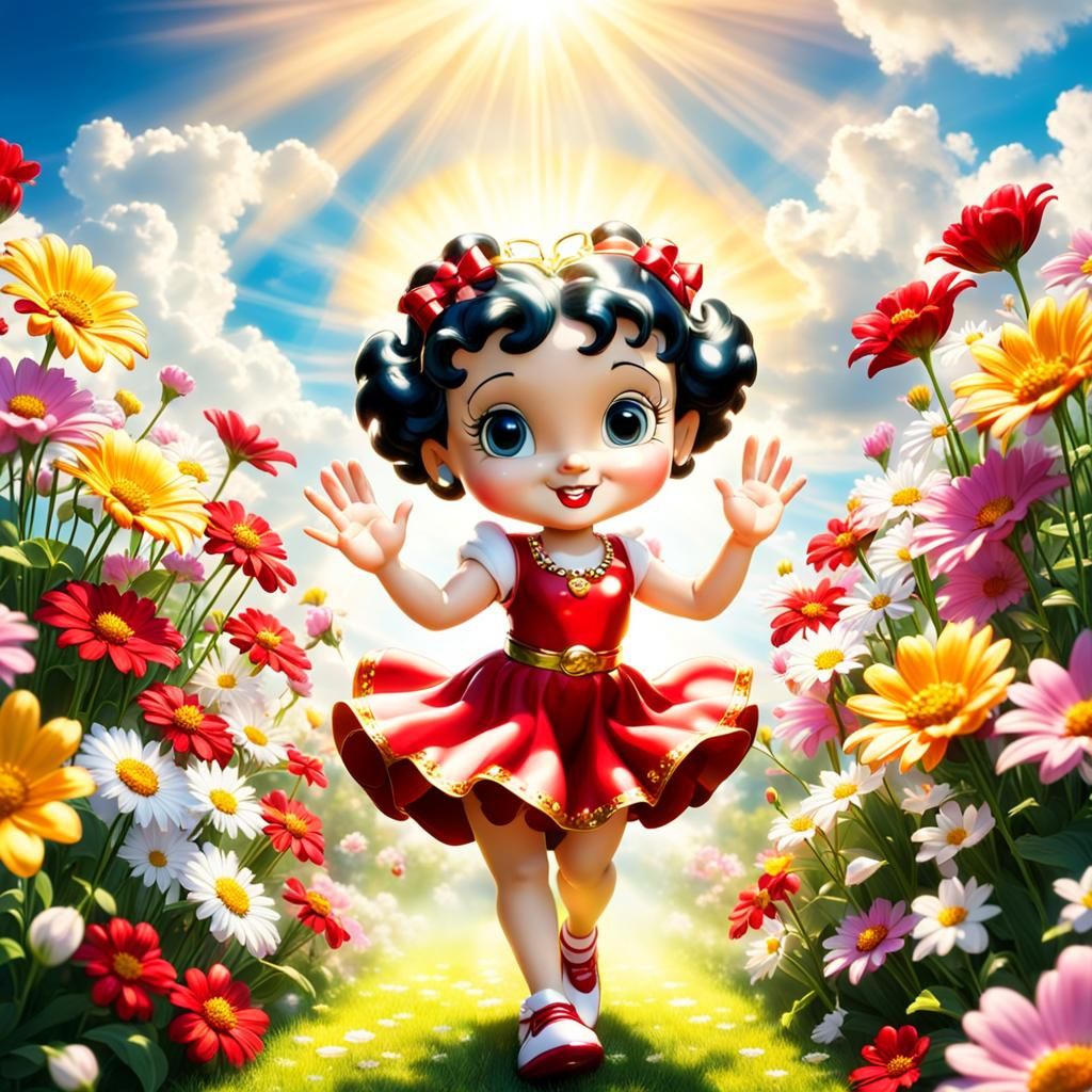 Betty Boop Waving in a Divine Floral Scene