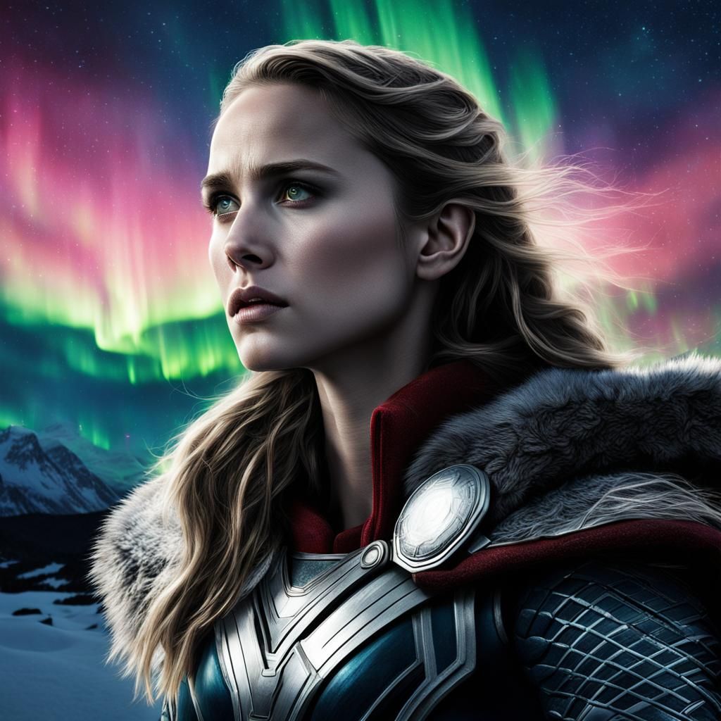 Natalie Portman as Thor Stares at Aurora Borealis