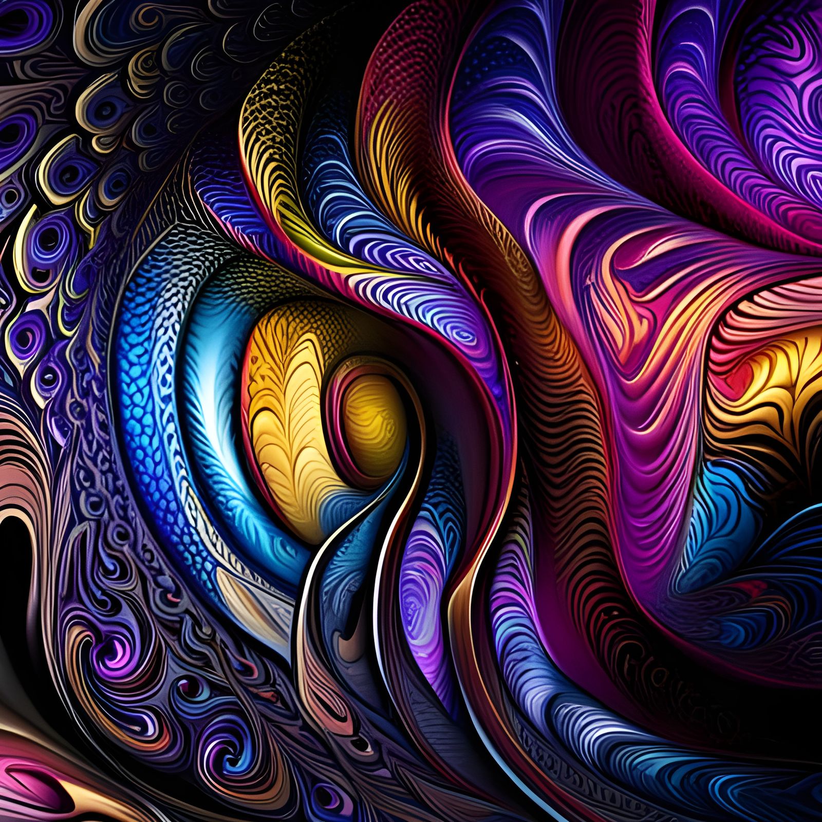 Dense Fractals in Black, Gold, and Blue on Chrome