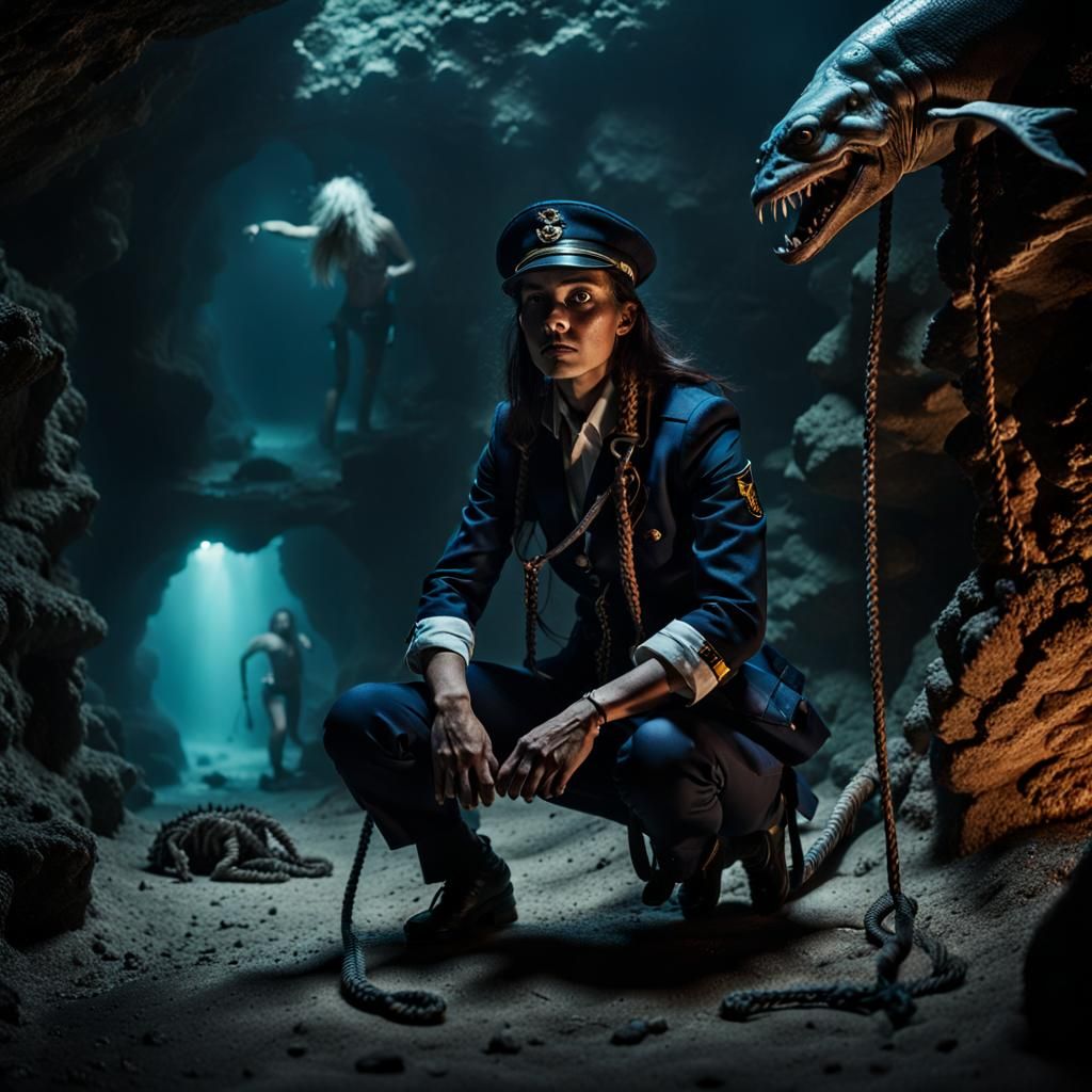Imposing Sea Captain in Dark Underwater Cave