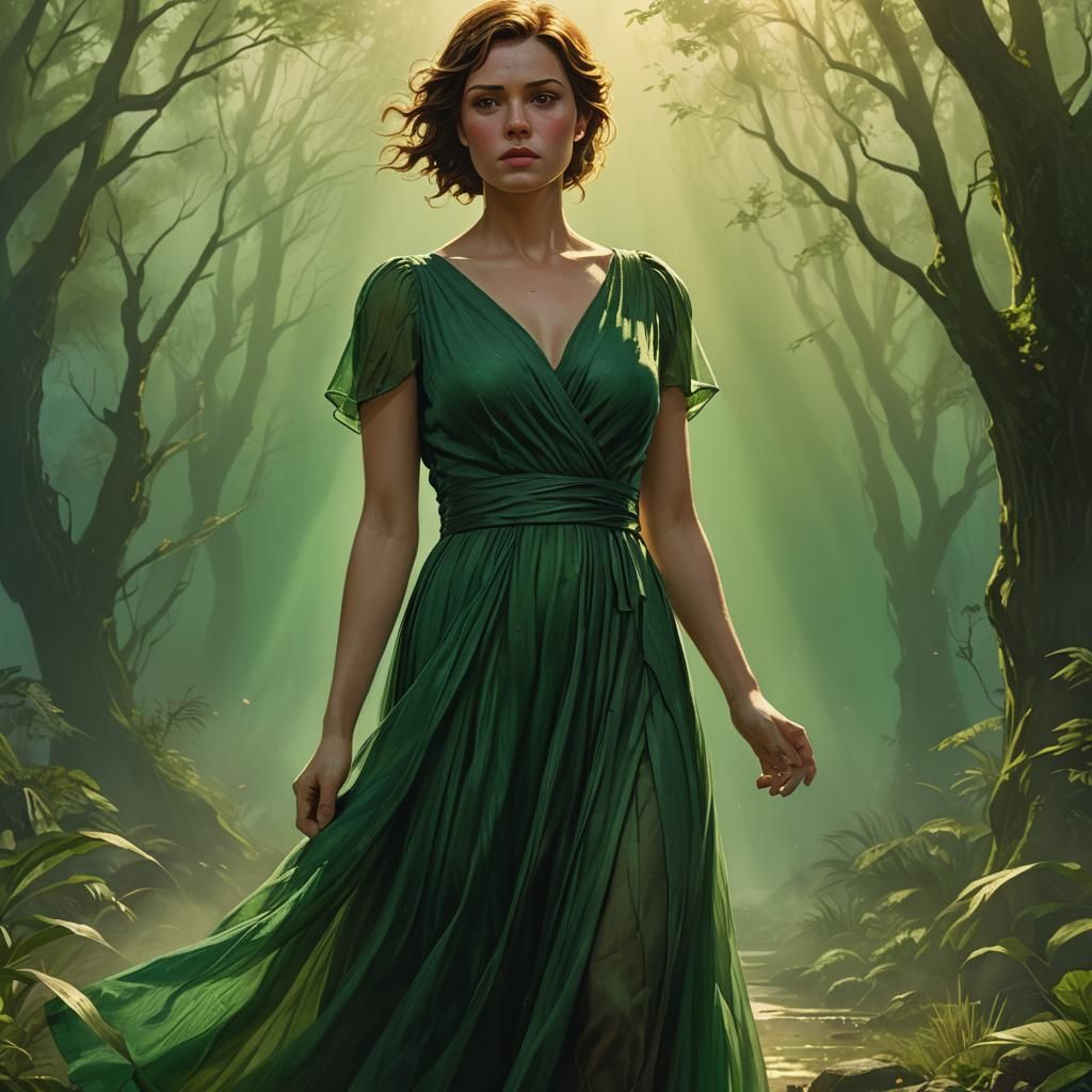 Woman in Green Dress Amid Emerald Mist