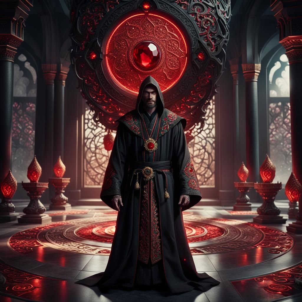 Dark Fantasy Portrait with Crimson Gem, Art Nouveau Style