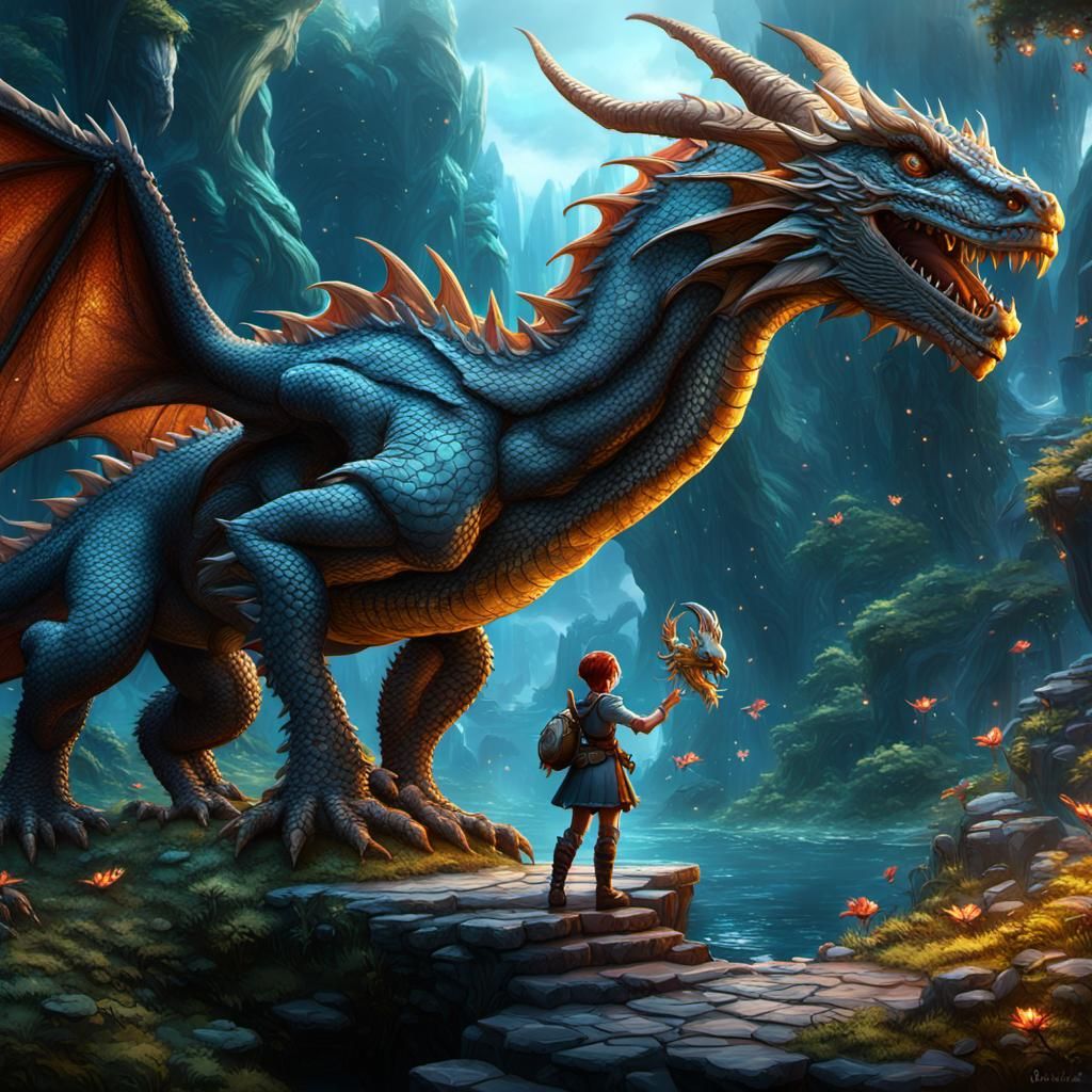 Pixie and Dragon Friendship in Detailed Matte Painting