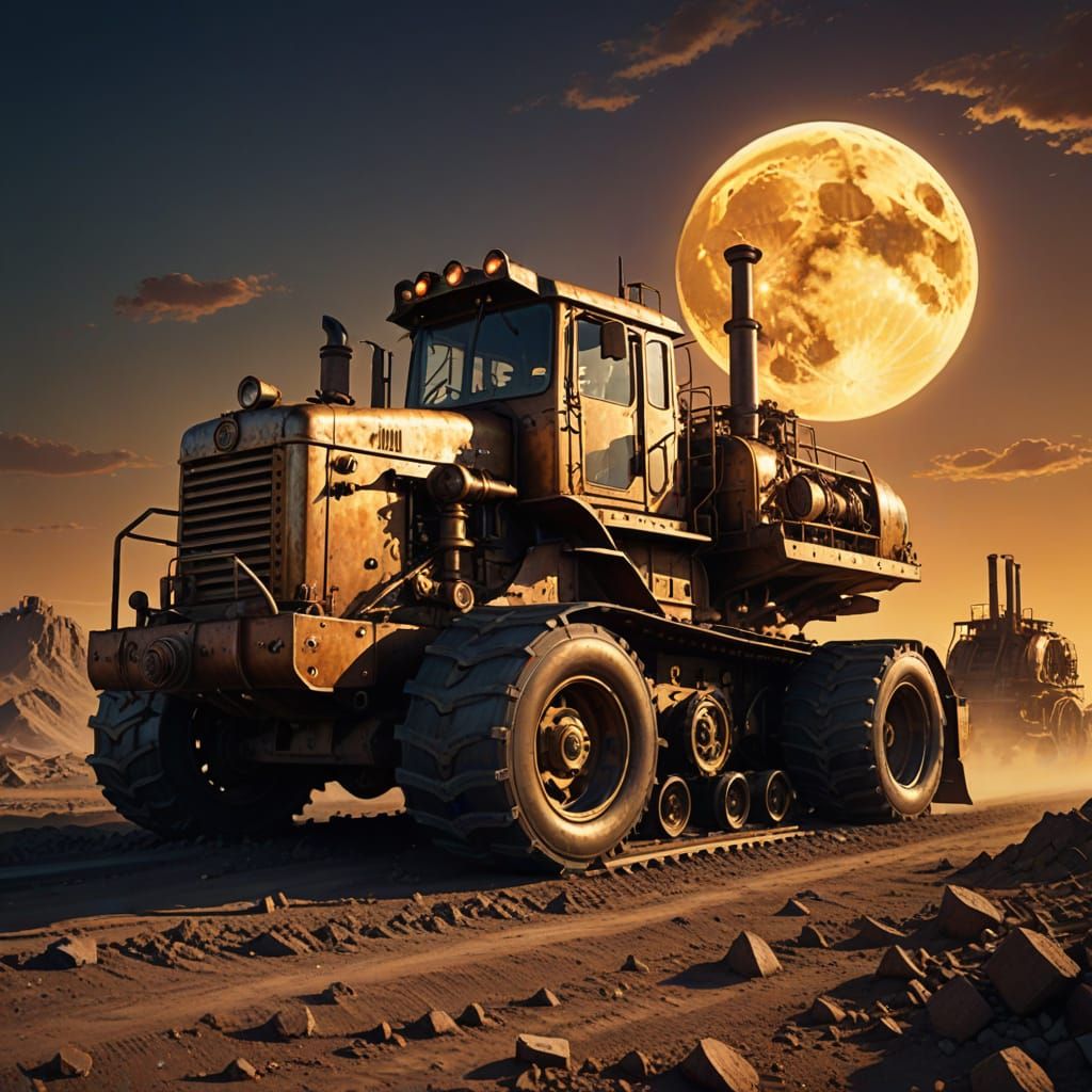 Steampunk Bulldozer Conquers the Golden Hour Wasteland