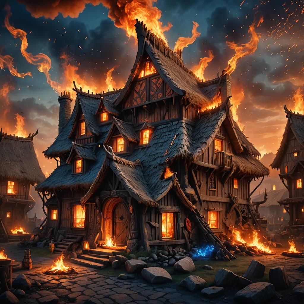 Viking House Engulfed in Flames: Fantasy Concept Art