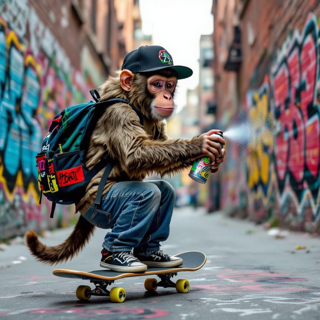 Monkey Graffiti Artist on Skateboard, Street Art Style