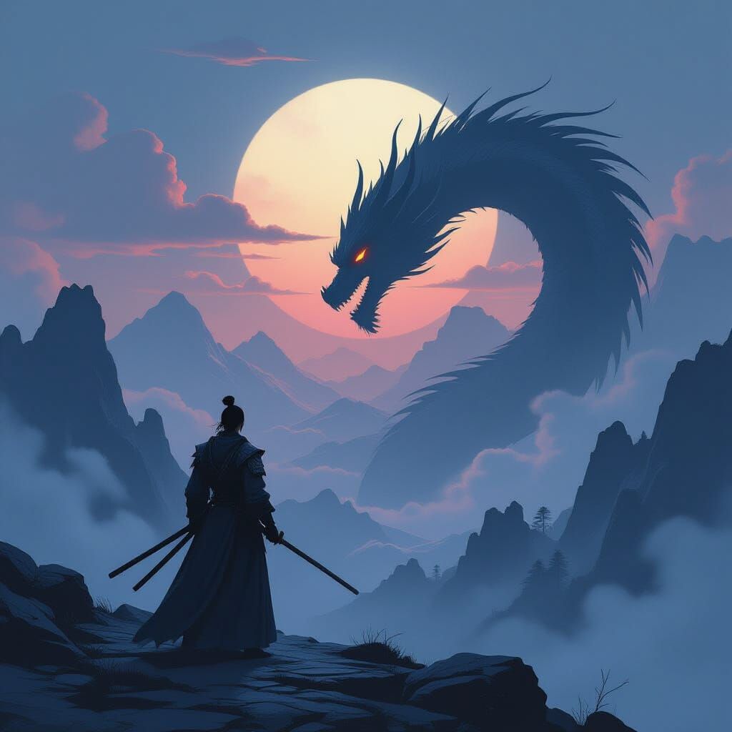 Samurai Warrior Gazes at Ethereal Dragon on Mountain Peak