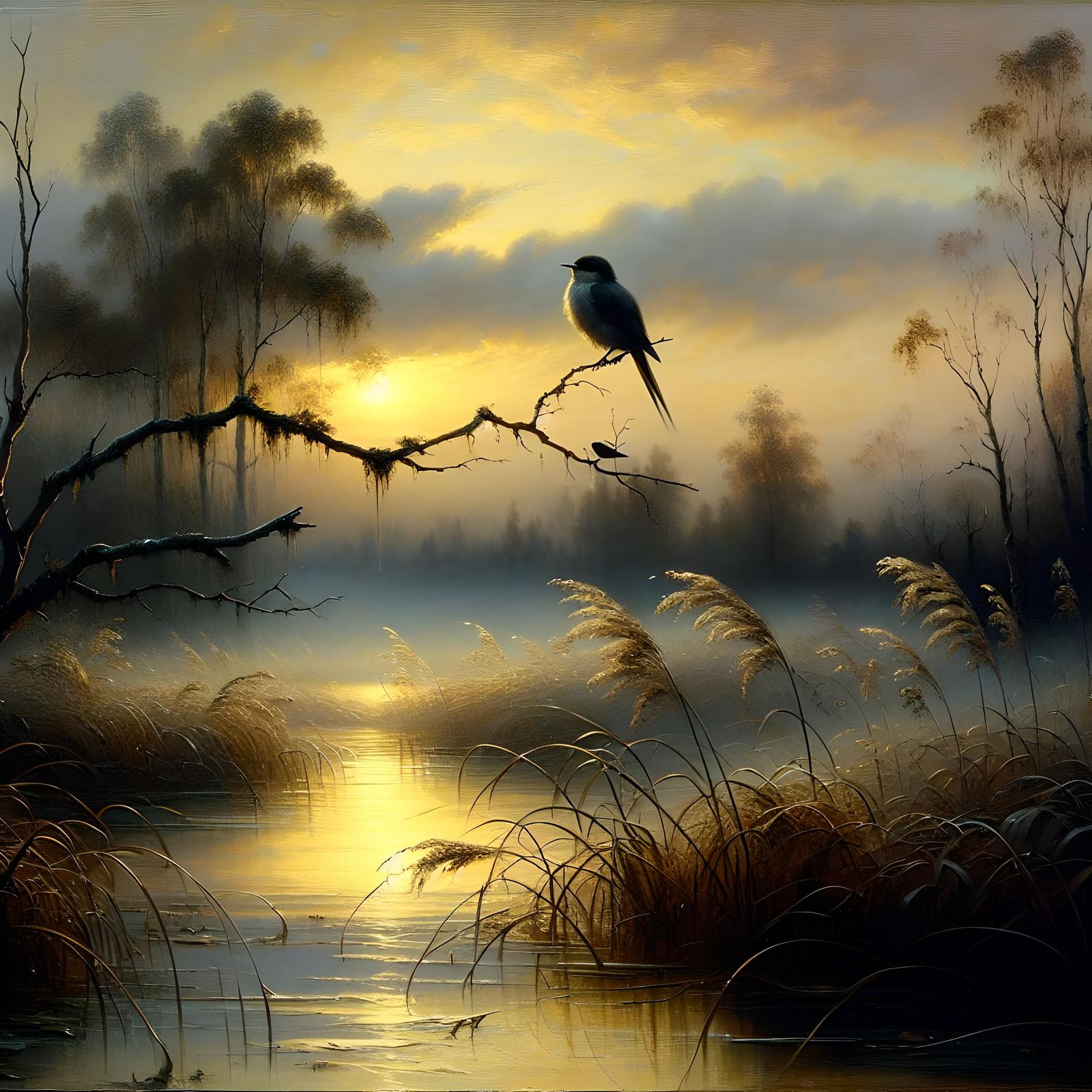Romantic Sunset: Bird in Misty Swamp Oil Painting