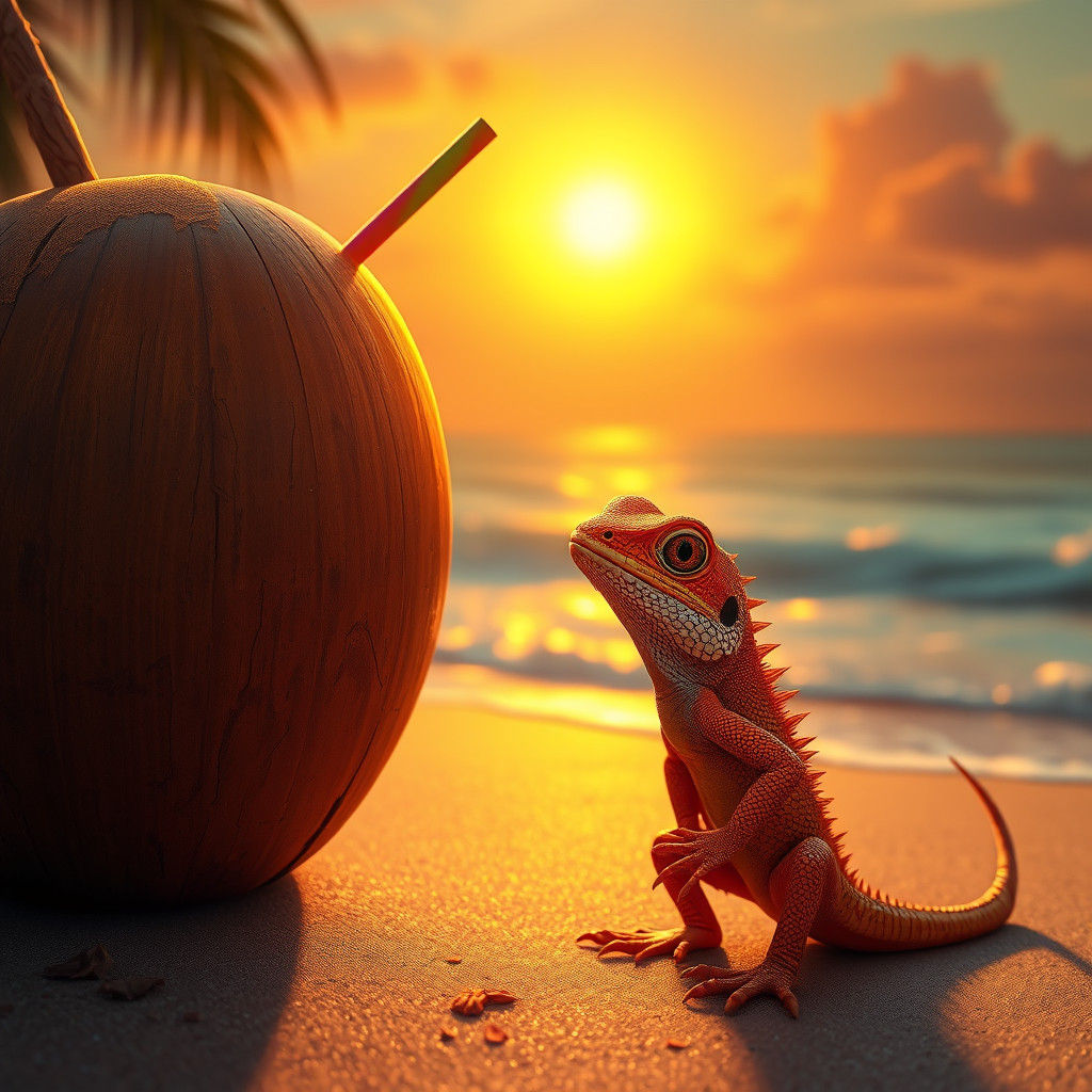 Orange Lizard on Tropical Beach at Sunset