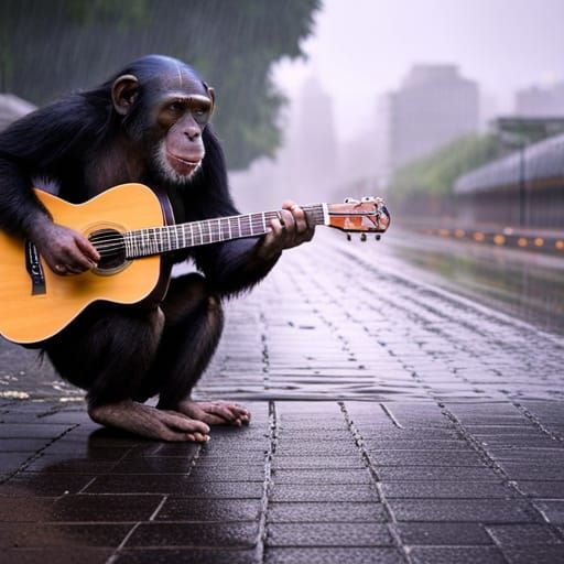 Chimpanzee Guitarist Plays During Rainy Sunrise