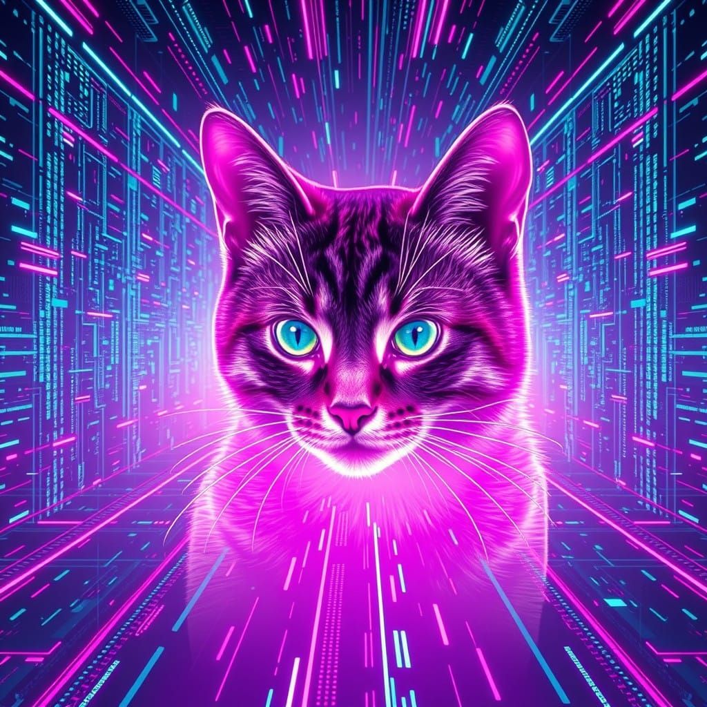 Vaporwave Hacker Cat in Infinite Cyberspace Monolith