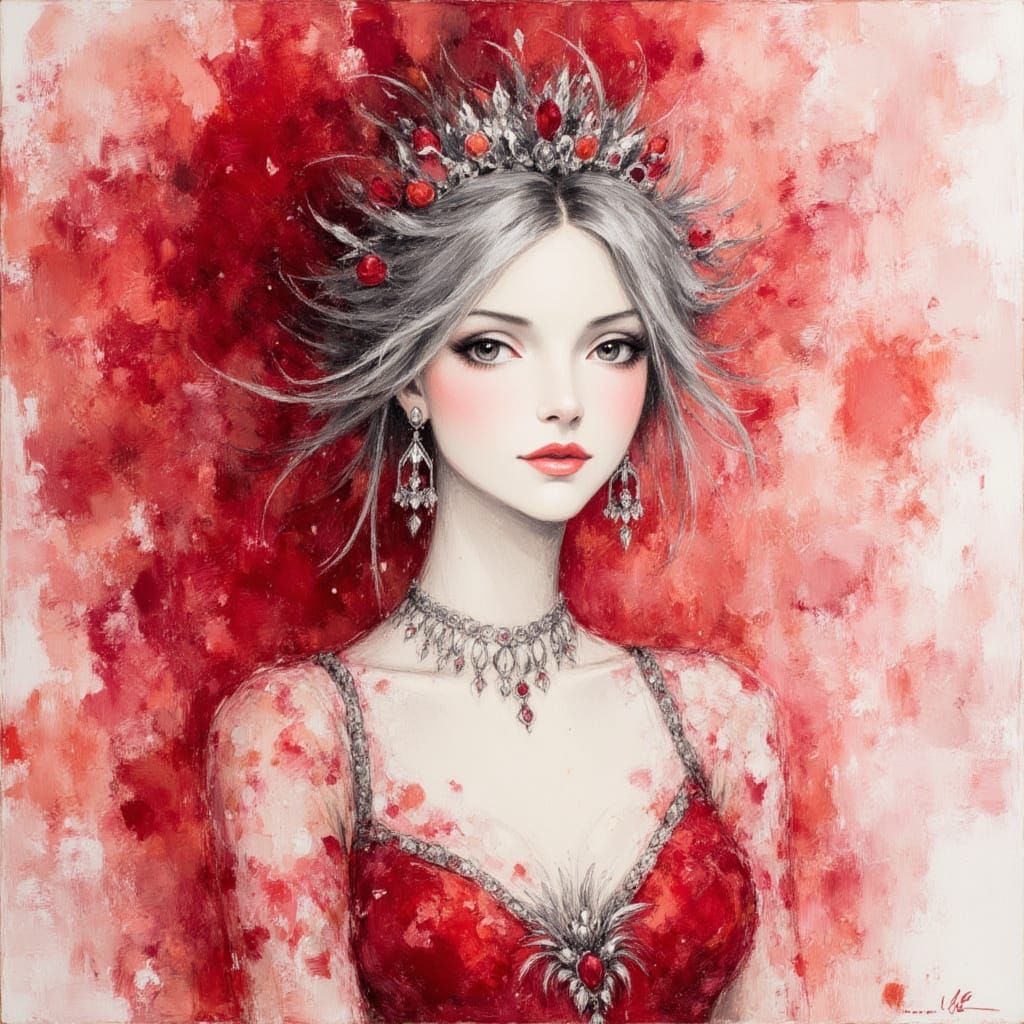 Elegant Princess in Silver and Scarlet, Expressive Sketch